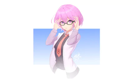 4K Ultra HD anime wallpaper featuring Mashu Kyrielight from Fate/Grand Order with pink hair and glasses against a soft blue gradient background.