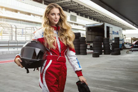 Blonde woman model with long hair in a red racing suit holding a helmet at a racetrack pit lane, HD PC desktop wallpaper background.