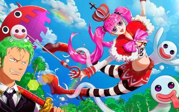 Vibrant 4K Ultra HD One Piece wallpaper featuring Roronoa Zoro and Perona in dynamic poses with a bright blue sky and playful ghost characters in the background.
