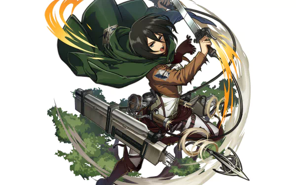 HD PC desktop wallpaper featuring Mikasa Ackerman from the anime Attack on Titan in dynamic action pose with maneuver gear and flowing green cloak.