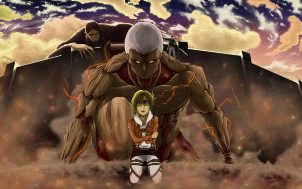 Armored Titan from Attack on Titan in intense anime desktop wallpaper.