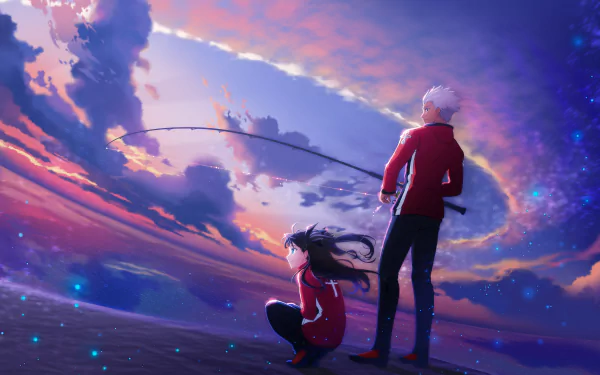 HD wallpaper featuring Archer and Rin Tohsaka from Fate/Stay Night, depicted in a dramatic sunset scene with floating sparkles and a dynamic sky.