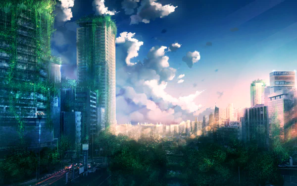 An anime-style cityscape at sunset, with lush greenery enveloping tall buildings under a vivid sky. The HD wallpaper showcases a serene combination of urban and natural elements.
