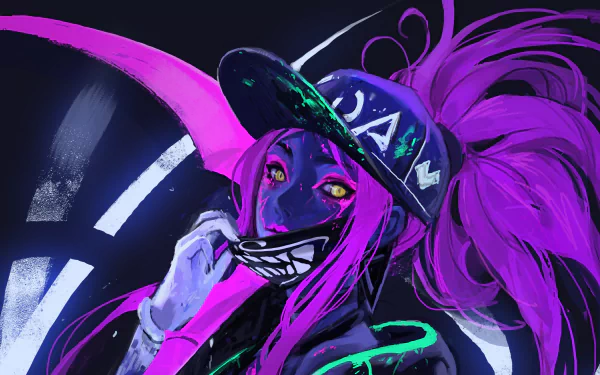 HD PC desktop wallpaper featuring Akali from League of Legends with glowing yellow eyes, wearing a cap, and vibrant purple hair in a dynamic video game-inspired design.