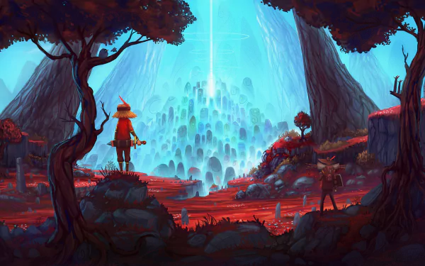 A fantasy warrior stands in a vibrant landscape, gazing at a beam of light illuminating a mystical city in the distance, surrounded by surreal trees and colors. 8K Ultra HD wallpaper.