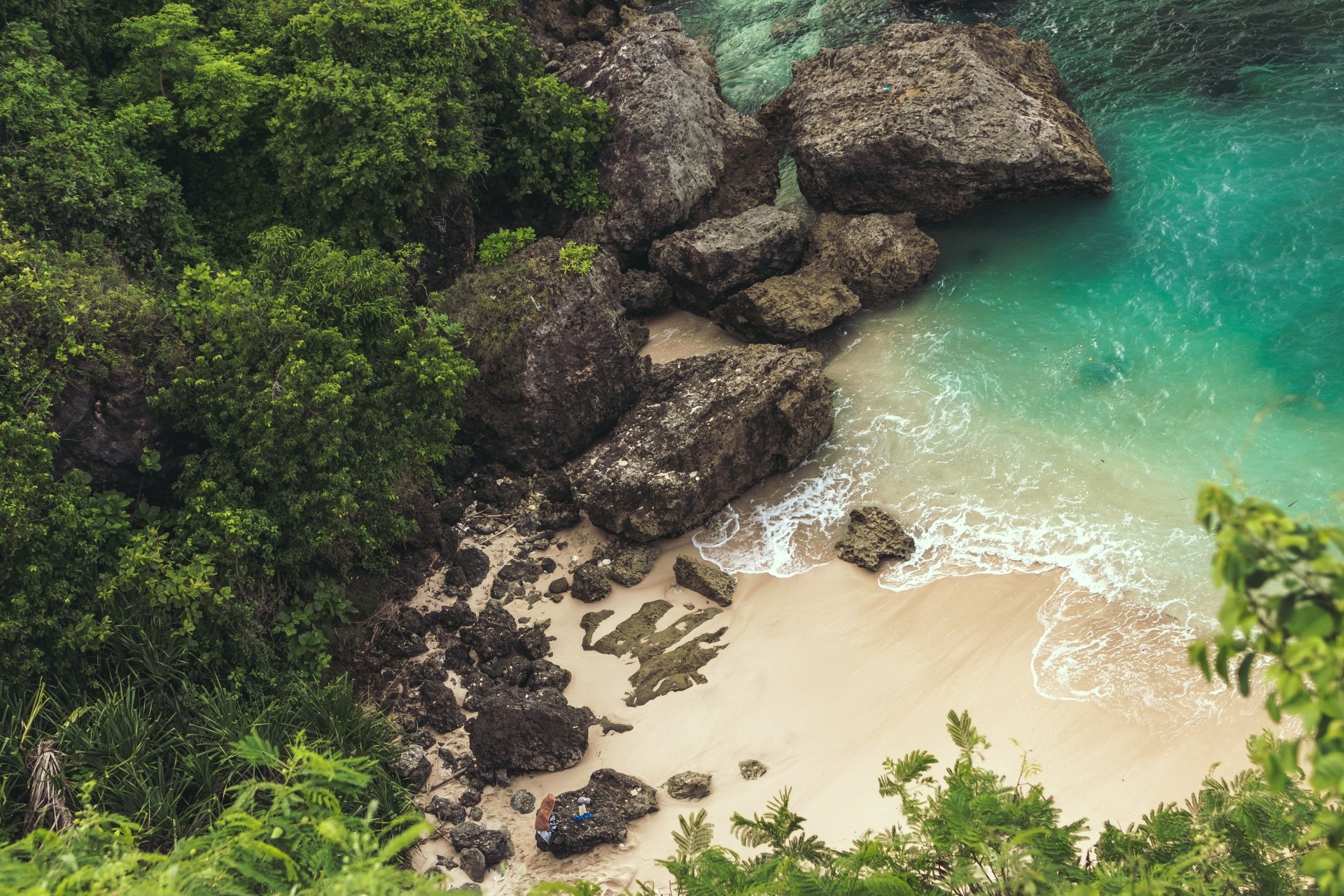 A vibrant tropical cove with lush greenery, rocky cliffs, and clear turquoise water washing onto a sandy beach, captured in stunning 4K Ultra HD for a PC desktop wallpaper.