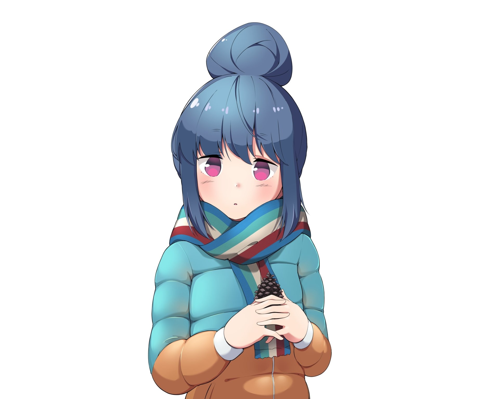 HD PC desktop wallpaper of Rin Shima from the anime Laid-Back Camp, featuring her in a blue puffer jacket and multicolored scarf against a plain background.