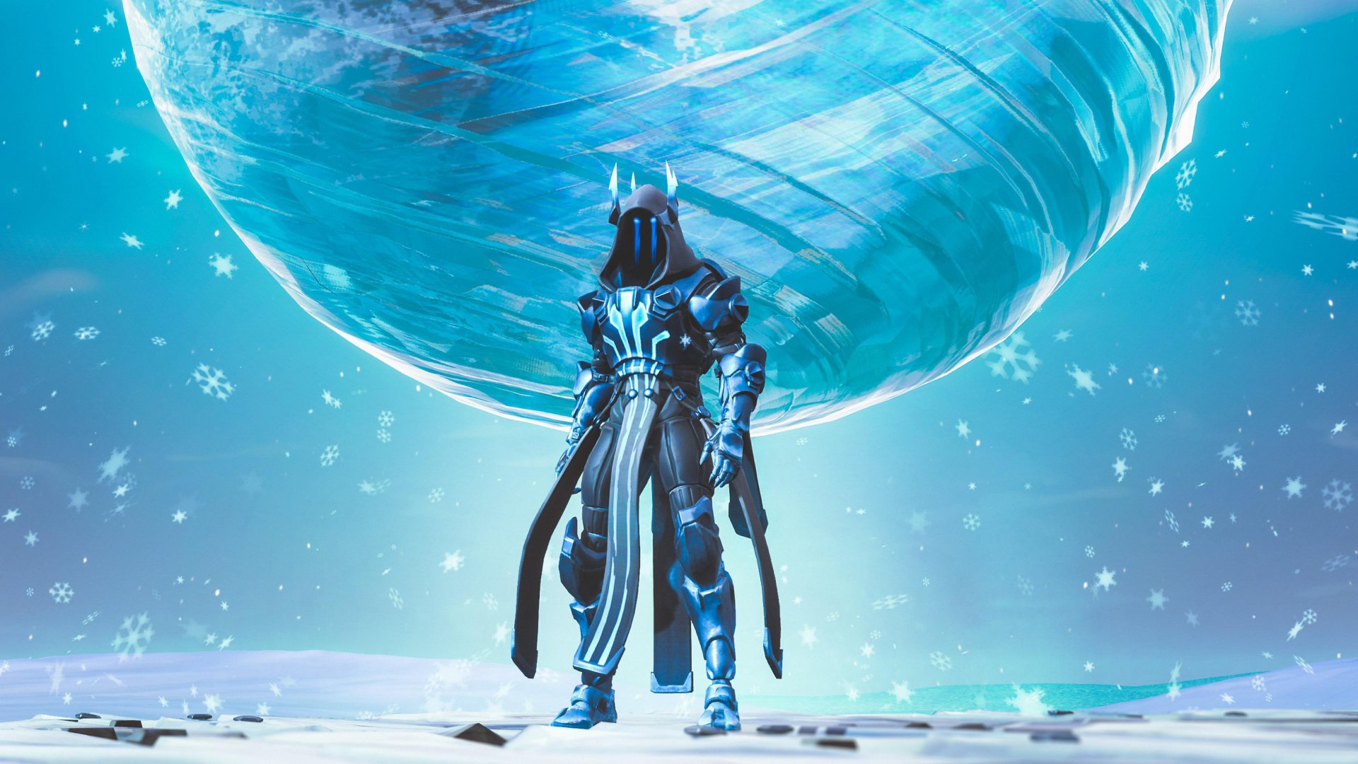HD PC desktop wallpaper featuring a Fortnite character in futuristic armor standing in front of a massive icy globe with snowflakes falling around.