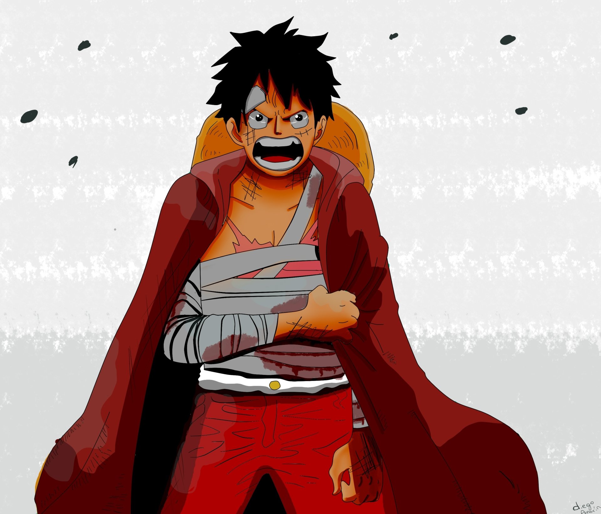 One Piece anime 2K Quad HD PC desktop wallpaper: Monkey D. Luffy clutching a bandaged chest, straw hat on his back and a torn cloak against a pale, textured background.