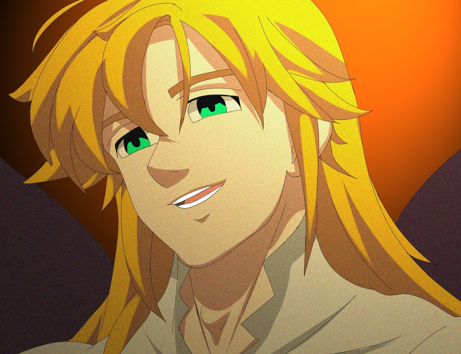 Meliodas from The Seven Deadly Sins, anime close-up with golden hair and green eyes smiling, 2K Quad HD PC desktop wallpaper/background.