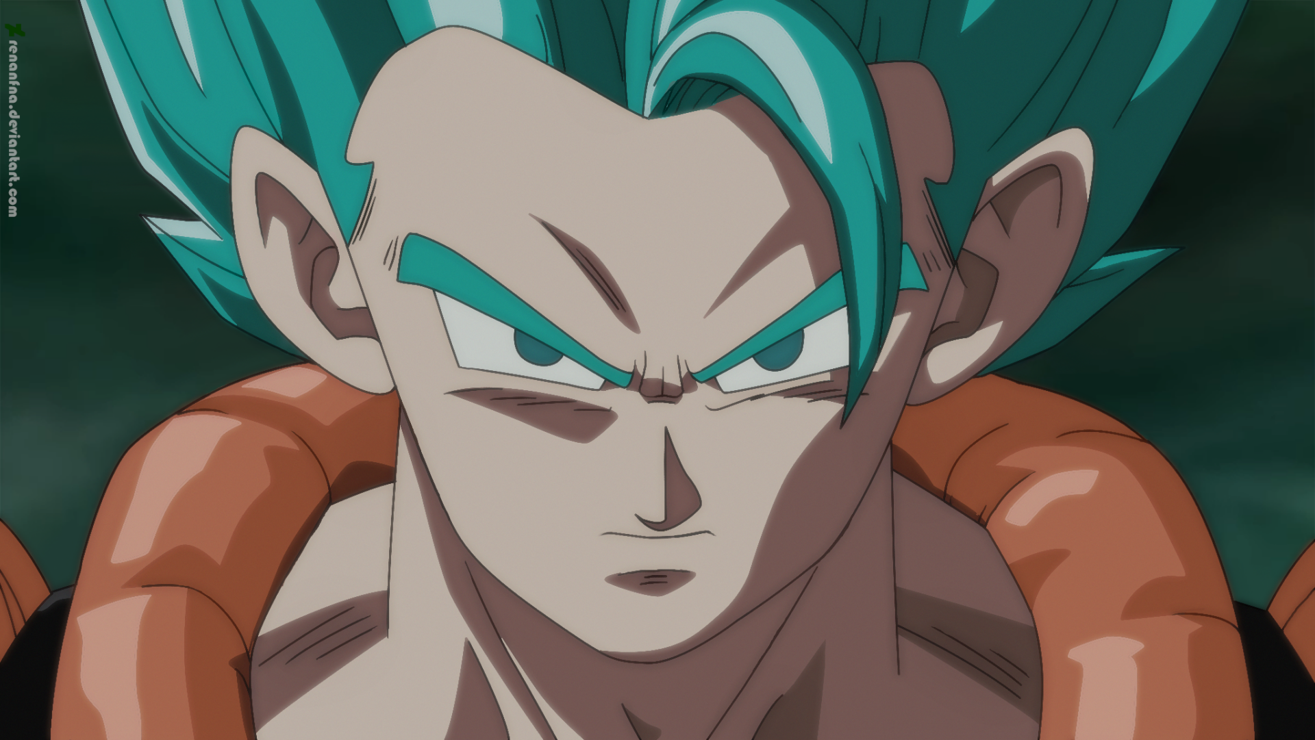 HD PC desktop wallpaper featuring Gogeta from Dragon Ball Super with intense expression and vibrant teal hair in anime style.