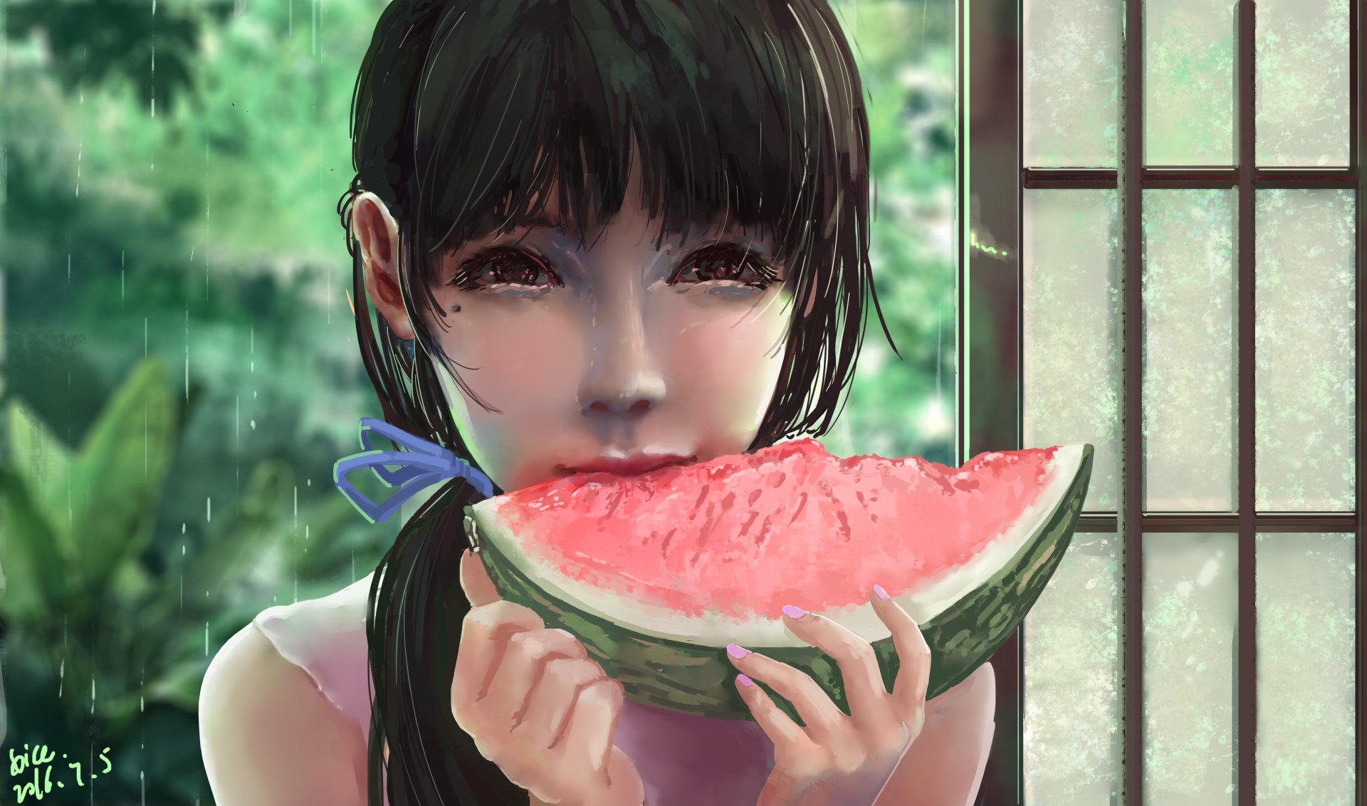 5K Ultra HD fantasy wallpaper: a young woman with dark hair eats a slice of watermelon by a sunlit shoji screen, a lush green garden visible outside.