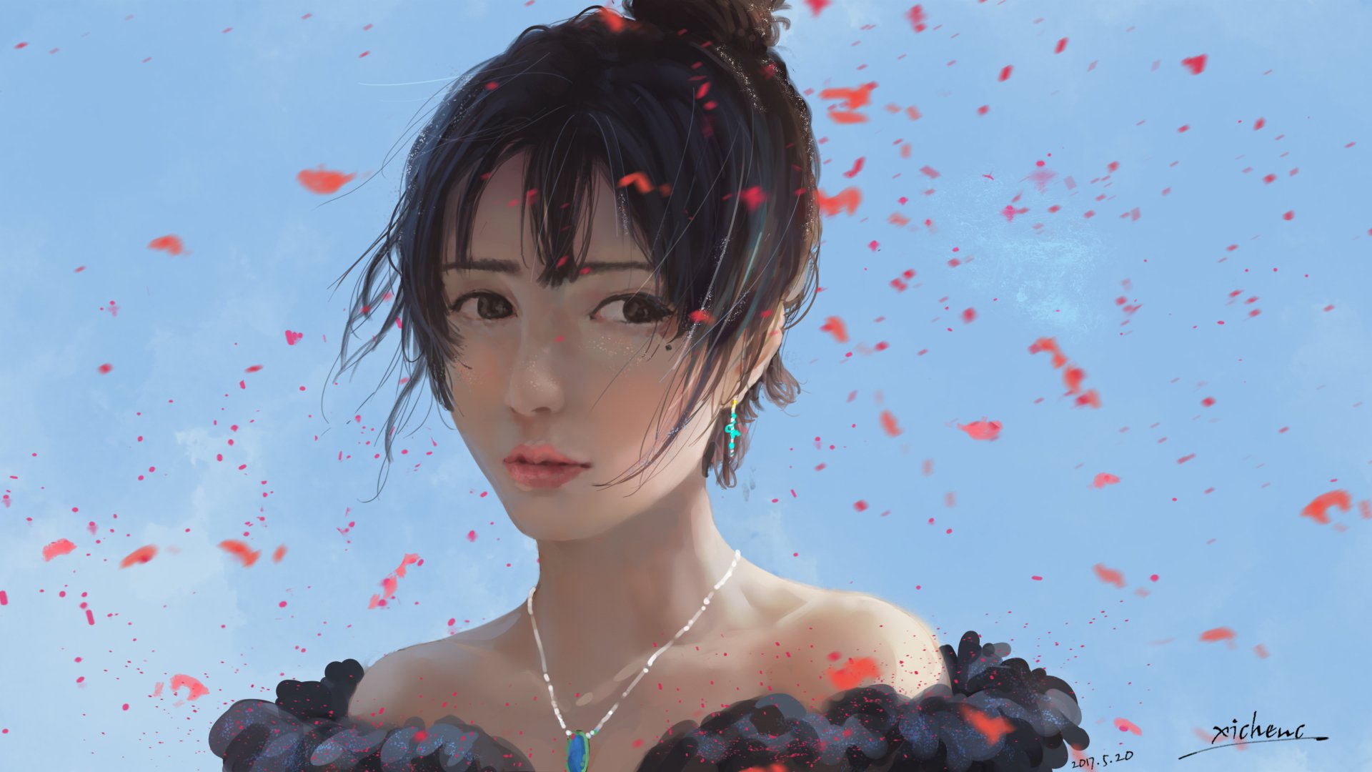 Fantasy portrait of a woman with dark hair and a jeweled necklace, pink petals drifting around her against a soft blue sky — 2K Quad HD PC desktop wallpaper background.