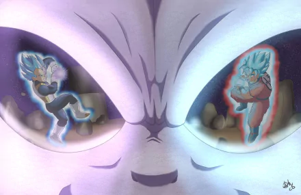 Close-up of Jiren's face reflecting Super Saiyan Blue Goku and Vegeta—one unleashing a Kamehameha, the other glowing with Kaio-ken, Dragon Ball Super wallpaper.