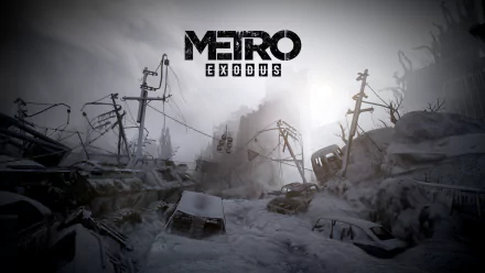 HD wallpaper of Metro Exodus showing a post-apocalyptic, snowy cityscape with abandoned cars and collapsed power lines.
