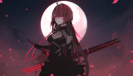 HD desktop wallpaper featuring Elesis from the video game Elsword, standing with swords under a full moon, creating a dramatic and intense atmosphere.