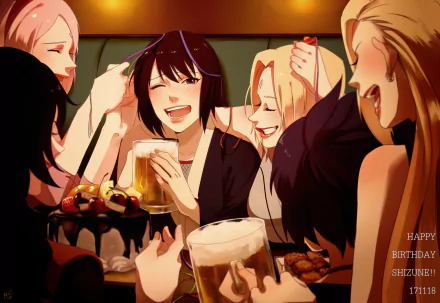 An HD Naruto anime desktop wallpaper featuring Anko Mitarashi, Kurenai Yūhi, Ino Yamanaka, Sakura Haruno, Tsunade, and Shizune celebrating with drinks and cake.