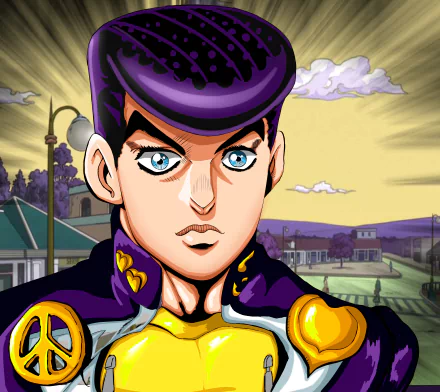 5K Ultra HD PC desktop wallpaper featuring Josuke Higashikata from JoJo's Bizarre Adventure, close-up with bright blue eyes against a stylized town backdrop and dramatic yellow sky.