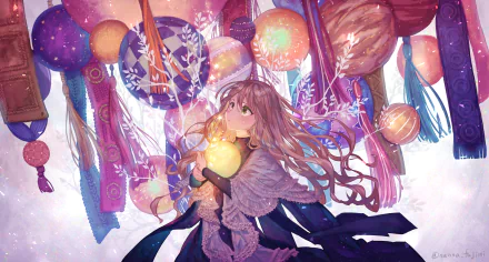 An anime girl holding a glowing lantern, surrounded by a colorful array of lanterns, set against an intricate, vibrant background. This HD wallpaper beautifully captures the essence of light and whimsy.