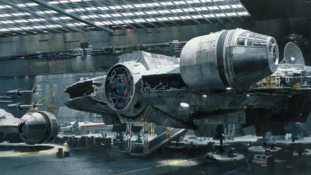 4K Ultra HD PC desktop wallpaper featuring the Millennium Falcon spaceship from Star Wars inside a vast, futuristic hangar bay with detailed lighting and textures.