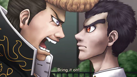 HD PC desktop wallpaper of Danganronpa's Mondo Ōwada and Kiyotaka Ishimaru locked in a fierce stare-down; subtitle reads Bring it on!
