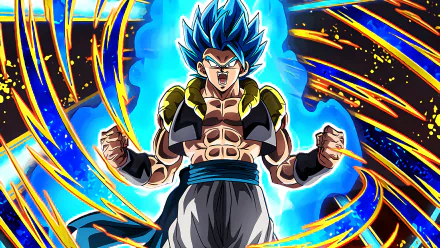 HD desktop wallpaper featuring Gogeta from Dragon Ball Super: Broly, showcasing the character with intense blue hair and a powerful aura surrounded by dynamic energy streaks.
