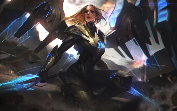 4K Ultra HD wallpaper of Kayle from League of Legends, showcasing her armored appearance with glowing wings and swords in a dynamic video game setting.