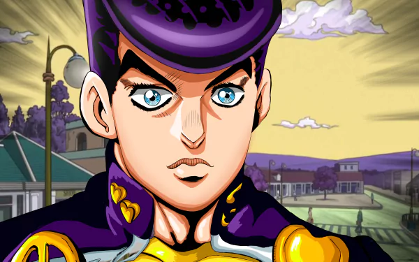 5K Ultra HD PC desktop wallpaper featuring Josuke Higashikata from JoJo's Bizarre Adventure, close-up with bright blue eyes against a stylized town backdrop and dramatic yellow sky.