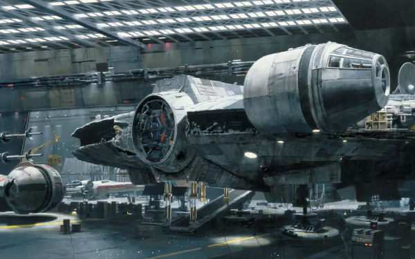 4K Ultra HD PC desktop wallpaper featuring the Millennium Falcon spaceship from Star Wars inside a vast, futuristic hangar bay with detailed lighting and textures.
