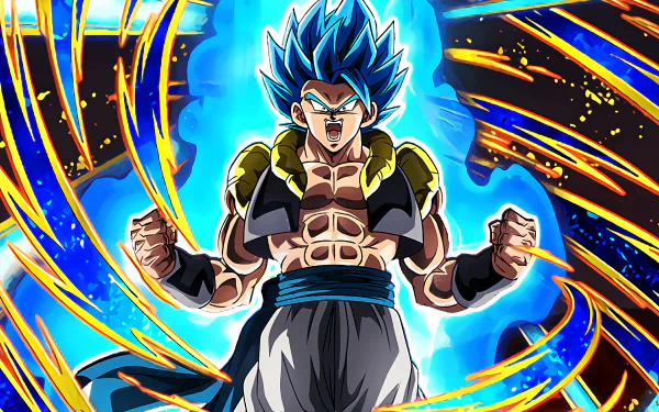 HD desktop wallpaper featuring Gogeta from Dragon Ball Super: Broly, showcasing the character with intense blue hair and a powerful aura surrounded by dynamic energy streaks.
