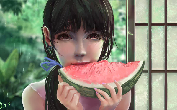 5K Ultra HD fantasy wallpaper: a young woman with dark hair eats a slice of watermelon by a sunlit shoji screen, a lush green garden visible outside.
