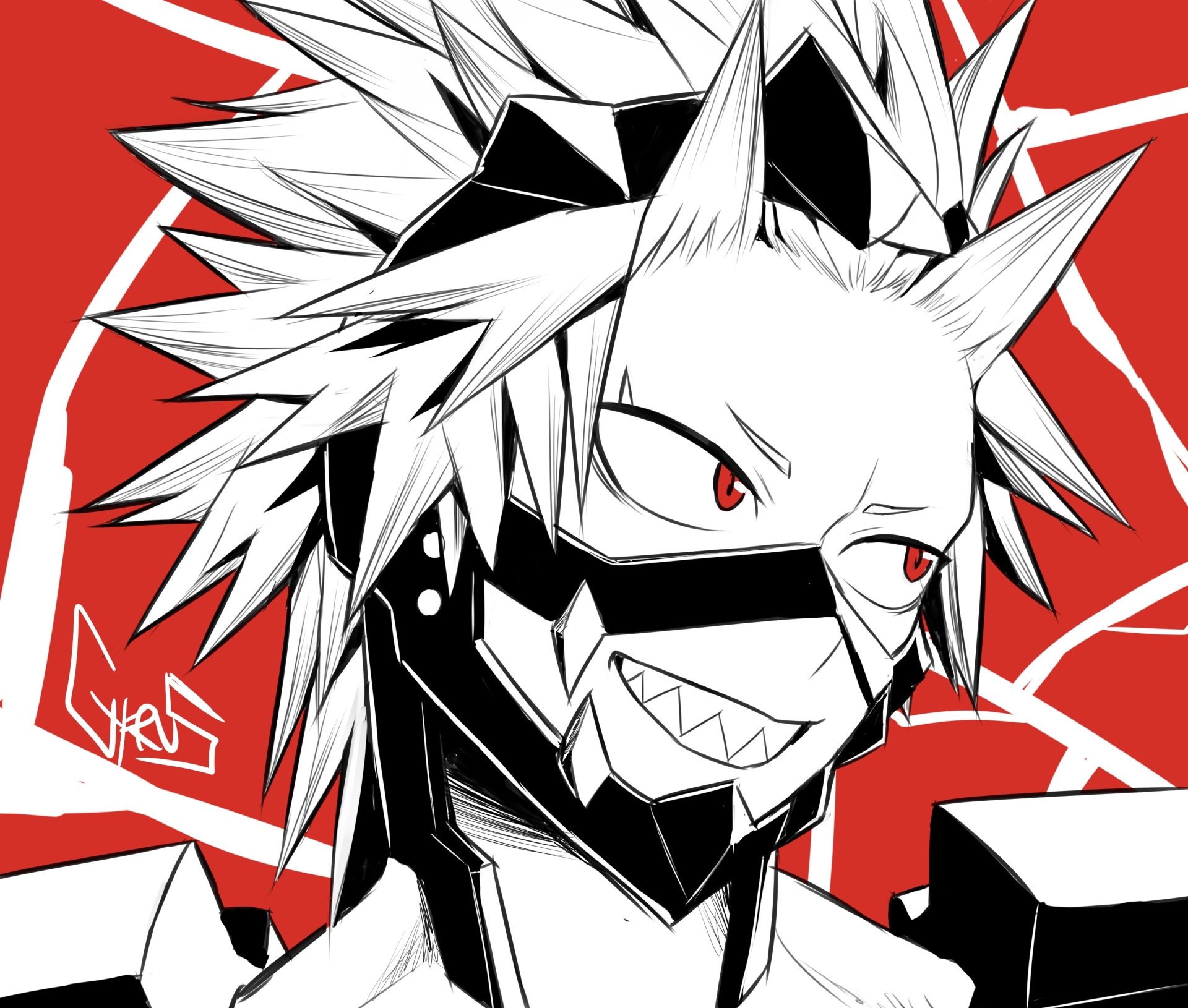 HD PC desktop wallpaper featuring Eijiro Kirishima from My Hero Academia in a bold, stylized black-and-white design with striking red accents.