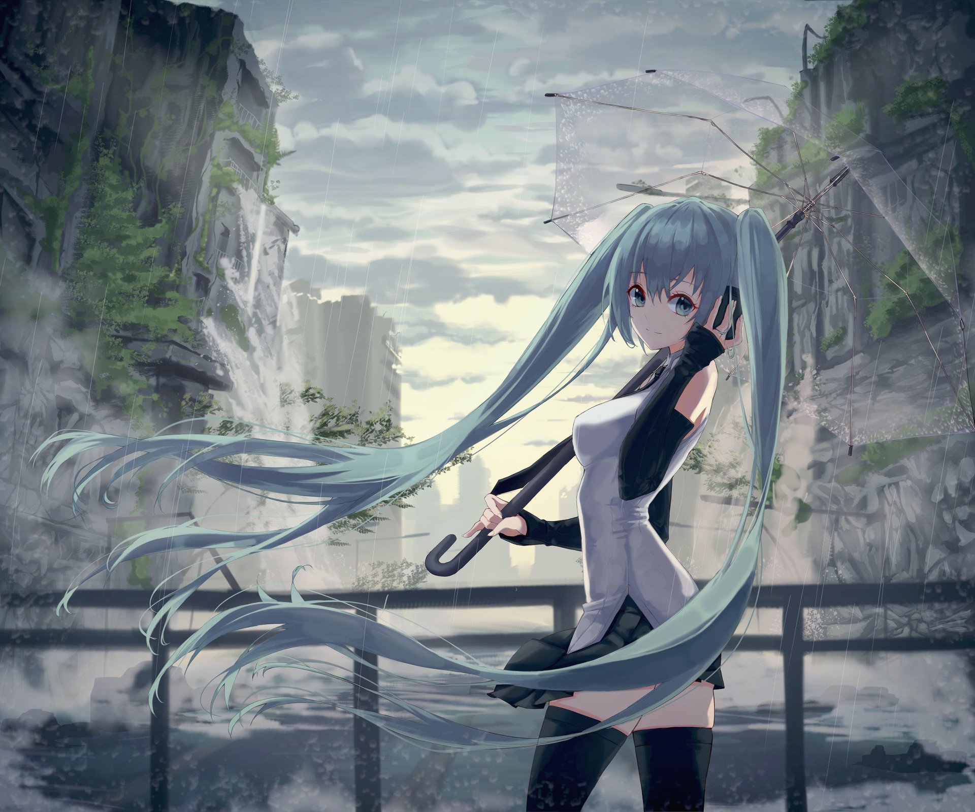 HD wallpaper featuring Hatsune Miku with long blue hair and blue eyes, set against a background of urban ruins and cloudy skies.