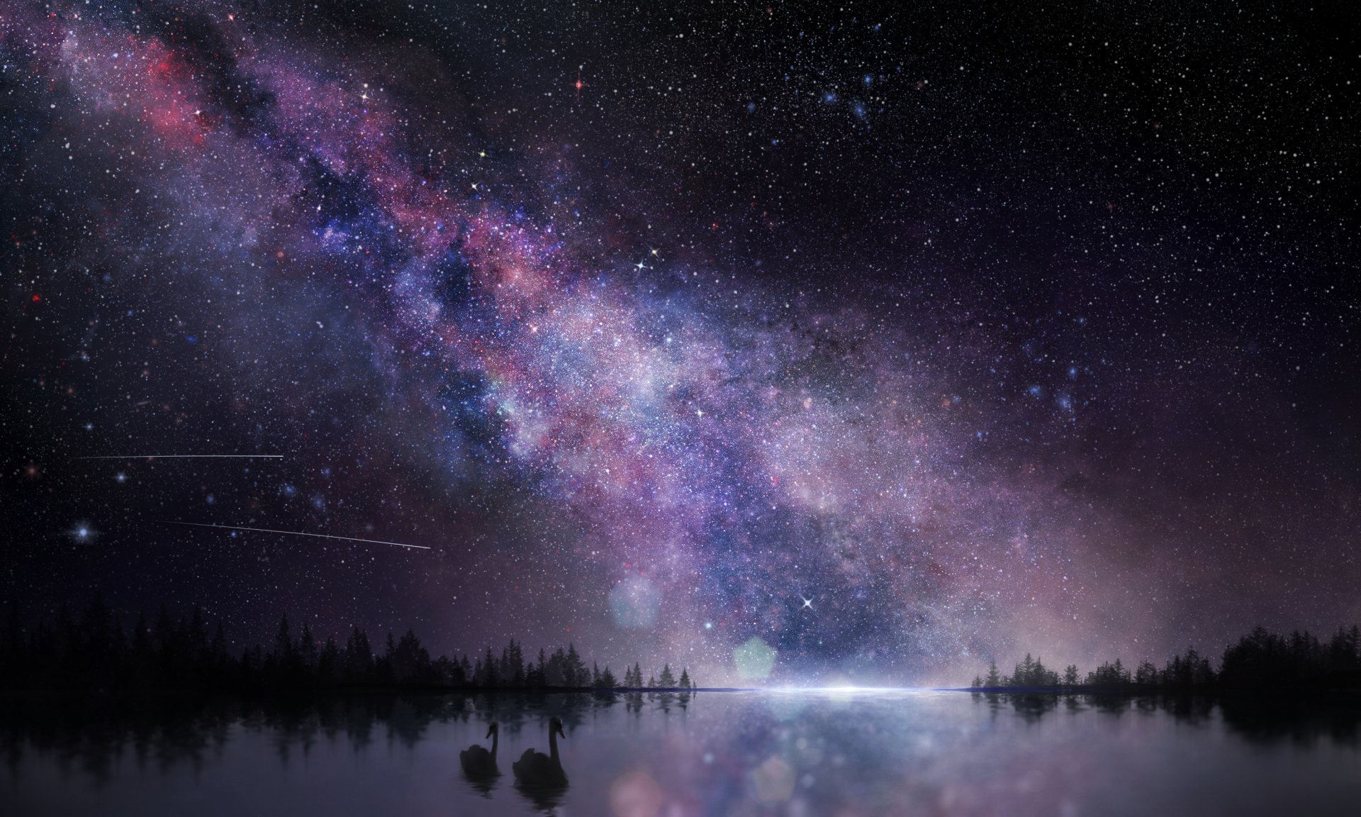 HD desktop wallpaper featuring an anime-styled night sky with stars and a colorful Milky Way, silhouetted trees, and a swan reflected in the water, creating a serene and enchanting scene.