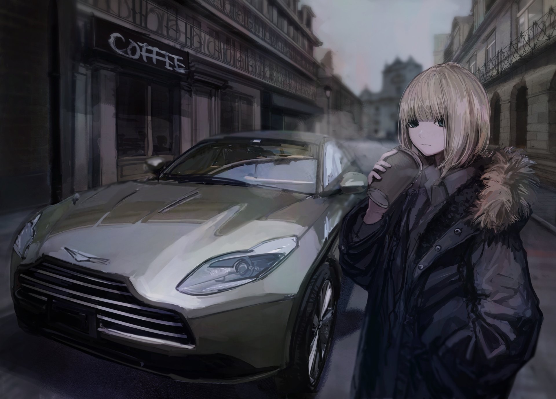 HD anime desktop wallpaper featuring a blonde, short-haired character standing by a sleek car near a coffee shop on a city street.