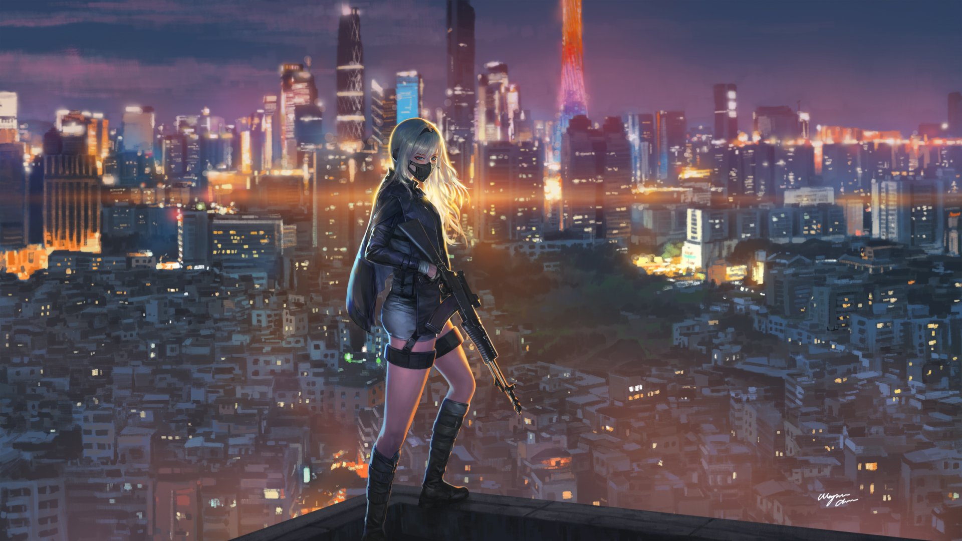 A white-haired woman warrior in fantasy attire stands on a rooftop at night, holding an assault rifle with a glowing cityscape in the background.