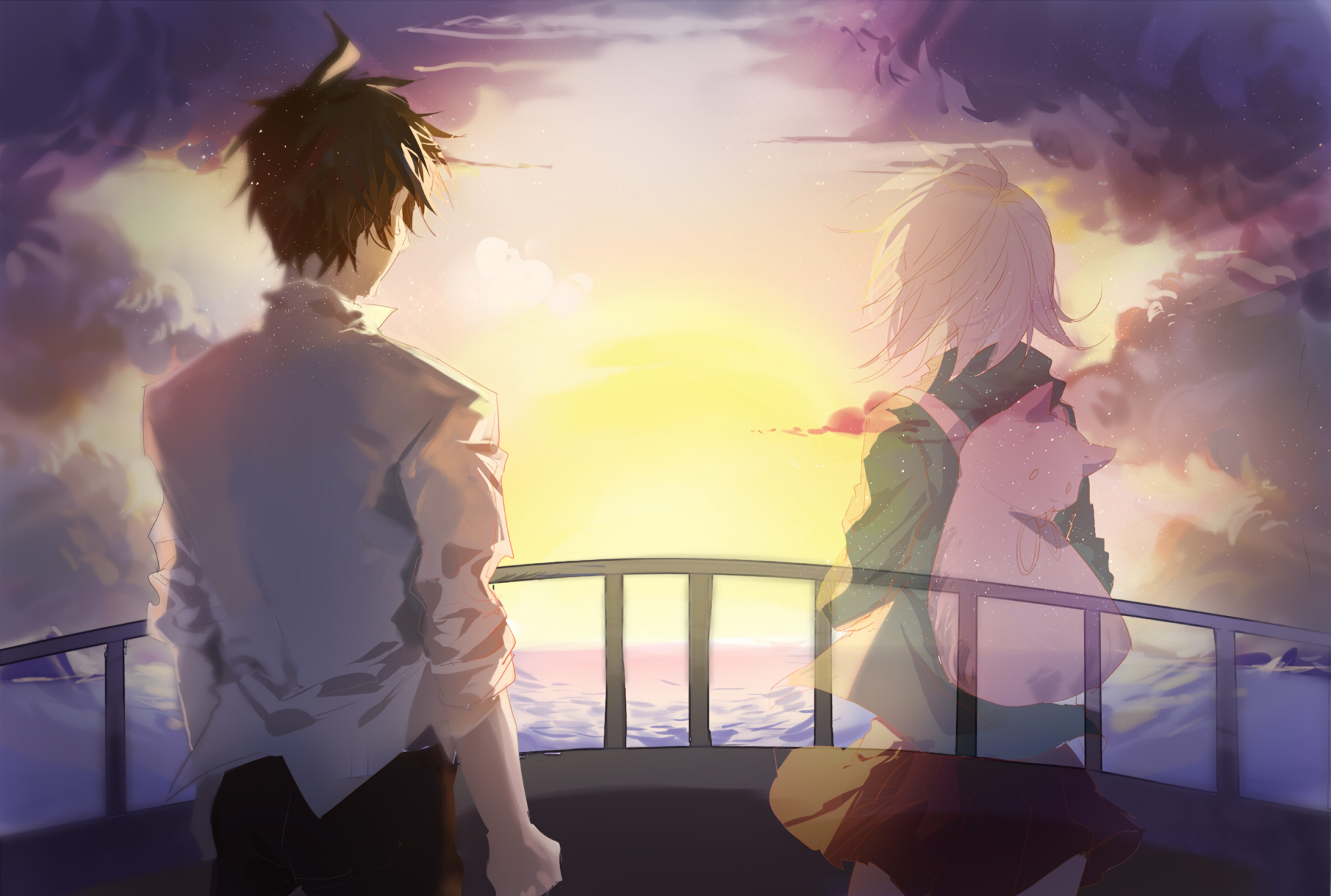 HD desktop wallpaper featuring Hajime Hinata and Chiaki Nanami from the video game Danganronpa 2: Goodbye Despair, overlooking a vibrant sunset.