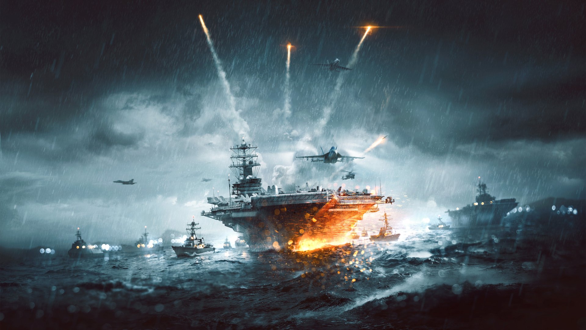 4K Ultra HD Battlefield 4 desktop wallpaper featuring a warship aircraft carrier launching jets amid explosive naval combat in a stormy sea setting.