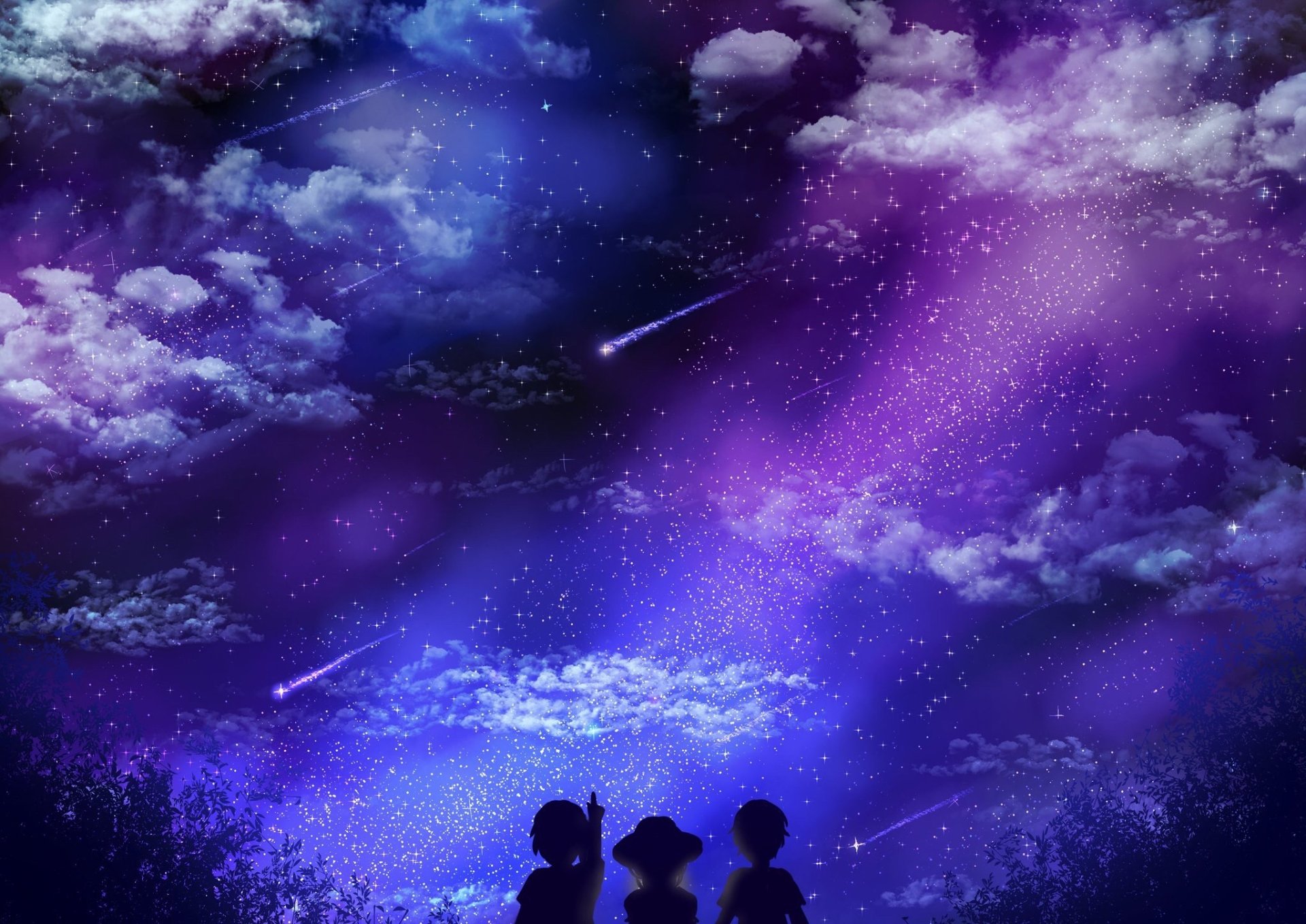 HD PC desktop wallpaper featuring silhouettes of Alice Zuberg, Eugeo, and Kazuto Kirigaya (Kirito) under a vibrant night sky from Sword Art Online: Alicization.