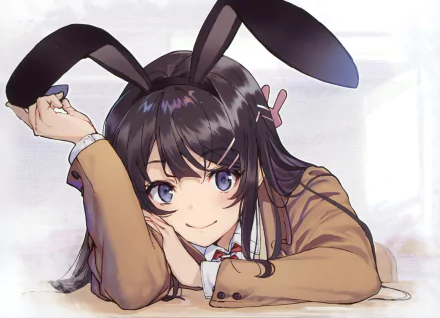 HD wallpaper of Mai Sakurajima from Rascal Does Not Dream of Bunny Girl Senpai, featuring her with blue eyes and animal ears.