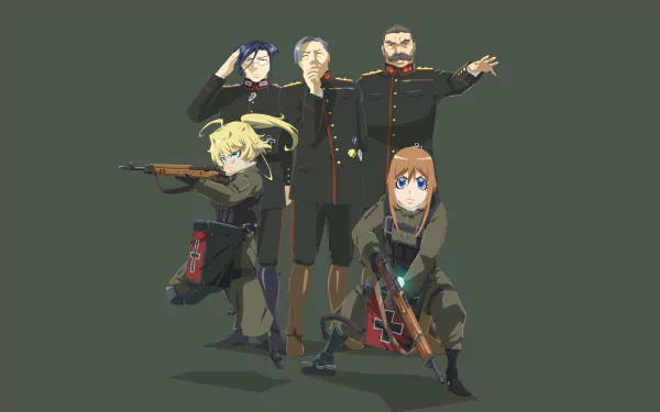 4K anime desktop wallpaper of The Saga of Tanya the Evil: Tanya Degurechaff, Viktoriya Ivanovna Serebryakov, Kurt von Rudersdorf, Erich von Rerugen and Hans von Zettour in military stances.