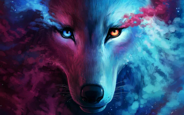 HD fantasy wallpaper featuring a wolf surrounded by vibrant, swirling colors of smoke, blending shades of blue, purple, and pink. The wolf’s eyes are strikingly different colors, adding to the mystical feel.