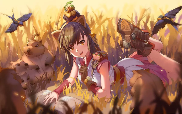 Anime girl lying in a field with birds and a squirrel, surrounded by autumn hues, creating an enchanting, HD desktop wallpaper.