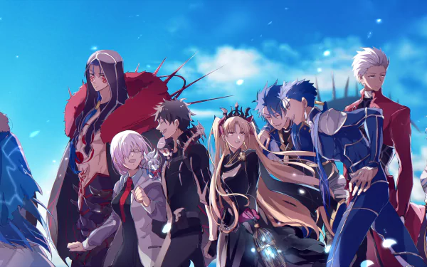HD desktop wallpaper featuring Cu Chulainn, Rin Tohsaka, Saber, Ritsuka Fujimaru, Mashu Kyrielight, Lancer, and Archer from the Fate Series under a bright blue sky with clouds.
