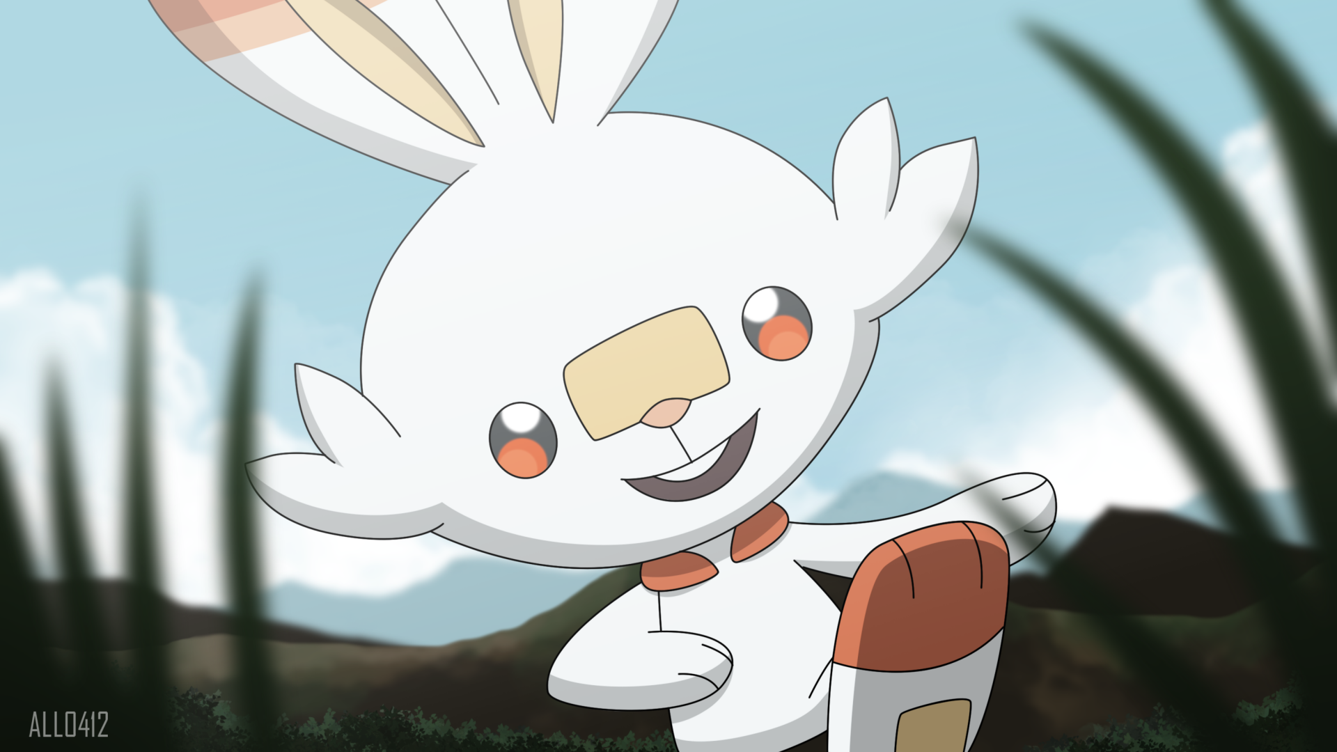 HD desktop wallpaper featuring Scorbunny from the Pokémon Sword and Pokémon Shield video games, set against a softly blurred natural background.
