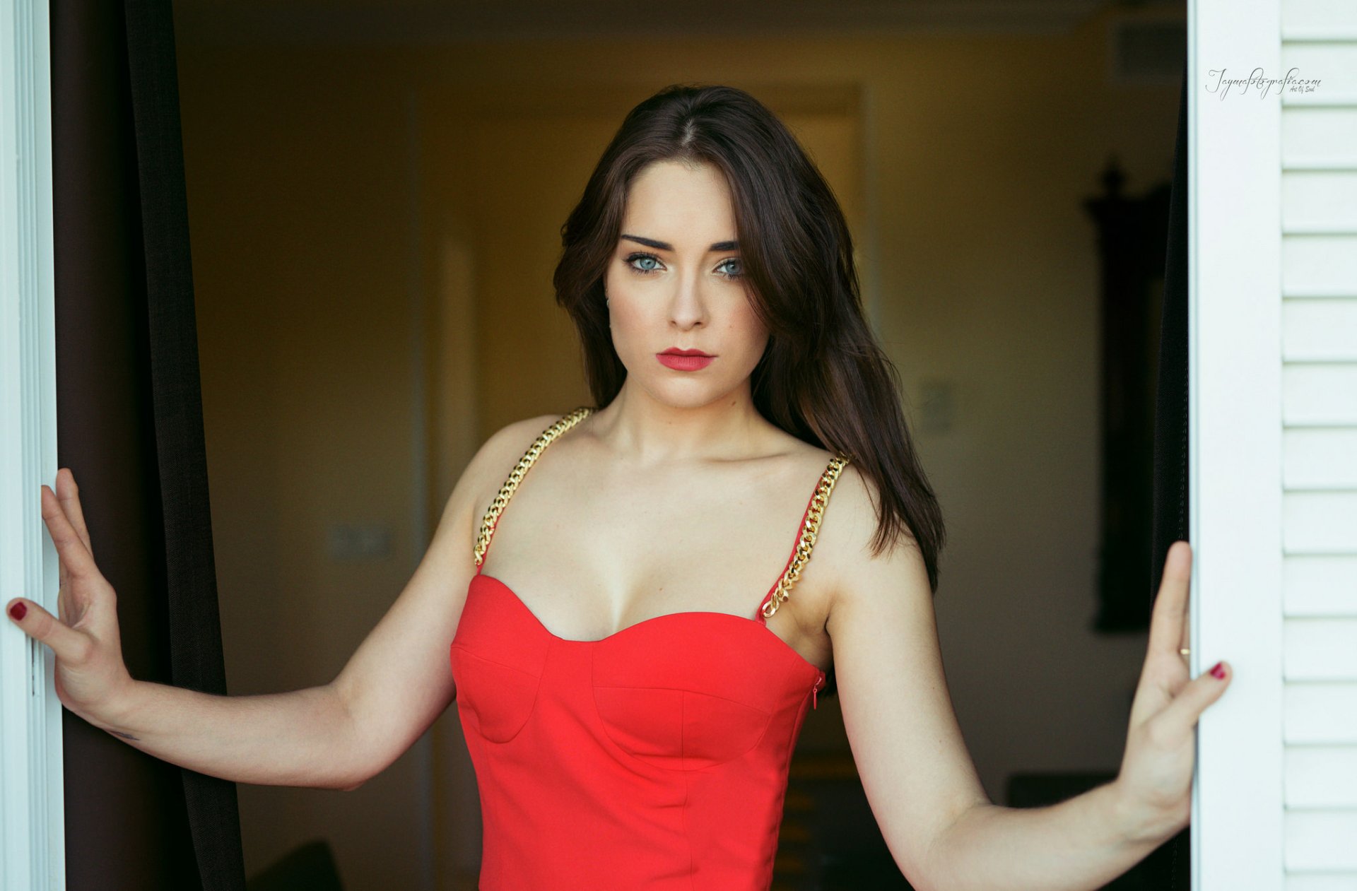 Download Black Hair Blue Eyes Lipstick Red Dress Woman Model HD Wallpaper by Jayma Javier