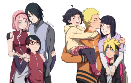 HD desktop wallpaper featuring characters from Boruto, including Sarada Uchiha, Sasuke Uchiha, Sakura Haruno, Hinata Hyuga, Himawari Uzumaki, Naruto Uzumaki, and Boruto Uzumaki.