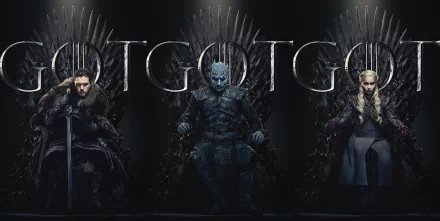 4K Ultra HD Game of Thrones wallpaper featuring Jon Snow, the Night King, and Daenerys Targaryen seated on thrones, highlighting Emilia Clarke and Kit Harington's characters.