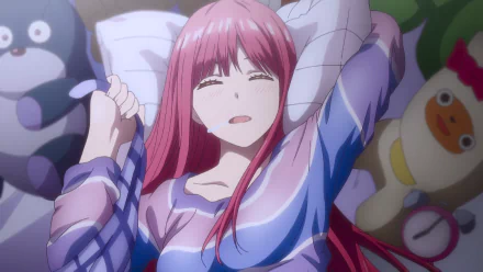 HD desktop wallpaper featuring a character from The Quintessential Quintuplets anime, with pink hair, lying in bed with a content expression, surrounded by plush toys.