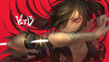 HD PC desktop wallpaper featuring Hyakkimaru from the anime Dororo, showcasing intense red tones and dynamic action with sword drawn.